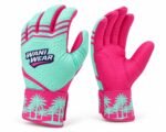 Pink and mint palm tree batting gloves with wraparound printed cuff and Wani Wear badge