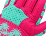 Detail of palm tree batting gloves mint perforated panel and pink leather binding