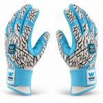 Elephant print batting gloves in black bone and sky blue with moulded Wani Wear badge