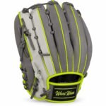 Back view of OEM outfield baseball glove in charcoal and grey with neon lime welting