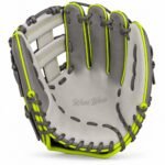 Custom outfield baseball glove palm with H-web, stone grey leather, and neon lime trim