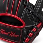 Close-up of infield baseball gloves red wrist binding and rawhide lacing