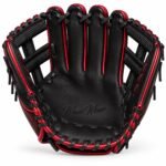 Palm view of black infield baseball gloves with debossed logo and shallow pocket