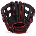 Black and red infield baseball gloves with open H-web and metallic welting