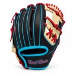 Back view of OEM baseball glove with cyan wrist strap and camel web