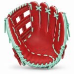 Palm view of red fastpitch softball gloves with mint lacing and debossed logo