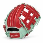 Red and mint fastpitch softball gloves with open H-web and contrast lacing