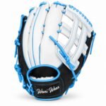 Custom baseball gloves in white black and blue with open H-web and rawhide lacing