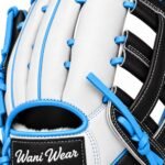 Close-up of custom baseball gloves showing blue lacing, welting and embroidered patch