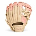 Back view of sand and blush-pink baseball glove with pink logo patch for OEM and ODM orders