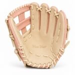 Palm view of custom baseball fielding glove with laced pocket and pink welting