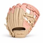 Custom baseball gloves in sand kip leather with blush-pink fingertip hoods and embossed Wani Wear logo patch