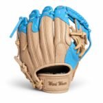 Custom kip leather baseball gloves front view in tan with sky-blue web and embossed Wani Wear palm logo