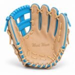 Close-up of reinforced stitching and leather lacing on a tan and sky-blue kip leather baseball glove