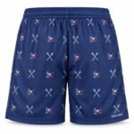 Back view of custom team lacrosse shorts with repeat lacrosse stick and mascot pattern