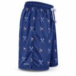 Side view of custom lacrosse shorts with pocket, hem vent, and sublimated lacrosse print