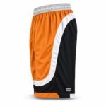 Side view of custom lacrosse shorts with curved white panel and black side panel