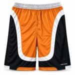 Customized lacrosse shorts front view with orange center panel, white curve, and black side panels