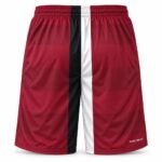 Back view of custom team lacrosse shorts with tonal red bands and stripe panel