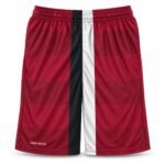 Customized lacrosse shorts front view in deep red mesh with black and white vertical stripe
