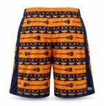 Back view of custom team lacrosse shorts with repeating jack-o'-lantern and lacrosse stick bands