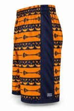 Side view of custom lacrosse shorts with navy side panel and sublimated pumpkin print
