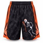 Customized lacrosse shorts front view with skeleton lacrosse player graphic and orange side panels