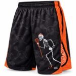 Side view of custom lacrosse shorts with skeleton print and orange spiderweb panel