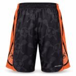 Back view of custom team lacrosse shorts with tonal skull and crossed sticks pattern