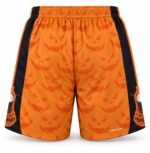 Back view of sublimated lacrosse shorts with all-over pumpkin pattern and black side panels