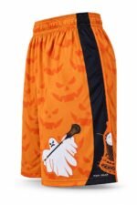 Side view of custom lacrosse shorts showing black contrast panel, orange piping, and lacrosse stick graphic