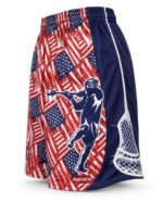 Customized lacrosse shorts side view showing mesh panel and stick graphic