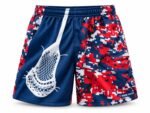 Customized lacrosse shorts front view in navy blue and red digital camo