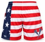 Personalized lacrosse shorts back view with USA flag print and crossed lacrosse sticks