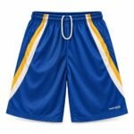 Customized lacrosse shorts front view in royal blue with gold and white diagonal stripe