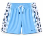 Customized lacrosse shorts in sky blue mesh with white sublimated mascot side panels, front view