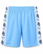 Back view of sublimated lacrosse shorts in sky blue with WANI WEAR logo on leg