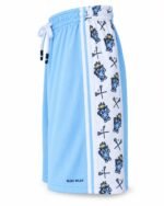 Side view of custom lacrosse shorts showing sublimated mascot and crossed-stick side panel