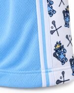 Close-up of breathable sky blue mesh fabric on customized lacrosse shorts