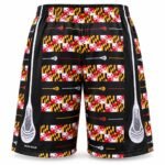 Customized lacrosse shorts with Maryland flag sublimated print and white stick-head graphic, front view