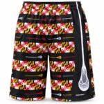 Side view of custom lacrosse shorts showing black side panel, white stripe, and stick-head print