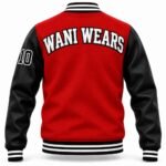 Back of red and black custom varsity jacket with arched white "WANI WEARS" lettering and number 10 on the sleeve