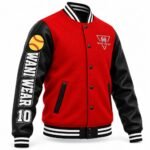 Custom varsity jacket with red body, black sleeves, striped rib-knit collar and cuffs, snap buttons, embroidered Wani Wear chest logo and sleeve number 10