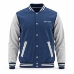 Custom varsity jacket front view, navy body with light grey sleeves, snap buttons, striped rib collar and cuffs, welt pockets, WANI WEAR chest text
