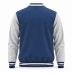 Back view of navy and light grey varsity jacket with plain back panel and navy-and-white striped rib collar, cuffs and hem