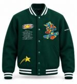 Custom varsity jacket front in dark green with white-striped rib collar, cuffs, and waistband, green snap buttons, colourful embroidered patches, and Wani Wear sleeve text