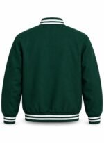 Back view of plain dark green varsity jacket with white-striped rib knit collar, cuffs, and waistband
