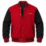 Front view of a red custom varsity jacket with black sleeves, brass-tone snap buttons, red and black striped rib collar, cuffs and waistband, and WANI WEAR text on the left chest
