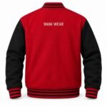 Back view of a red varsity jacket with black sleeves, red and black striped rib cuffs and waistband, and WANI WEAR text across the upper back