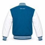 Back view of a blue varsity jacket with white sleeves, striped rib cuffs and waistband, and WANI WEAR text below the collar